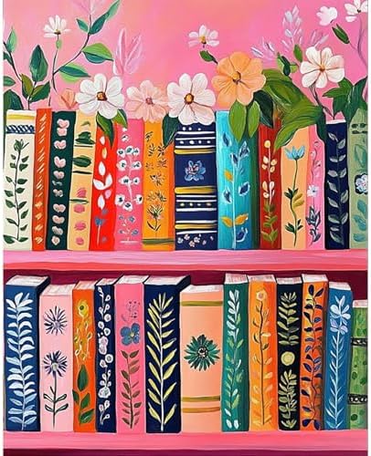 ajepon Bookshelf Paint by Numbers Kit for Adults - Painting by Number Kits Book, Books Adults Paint by Numbers Kits on Canvas Without Frame Oil Painting for Home Wall Decor 16X20inch