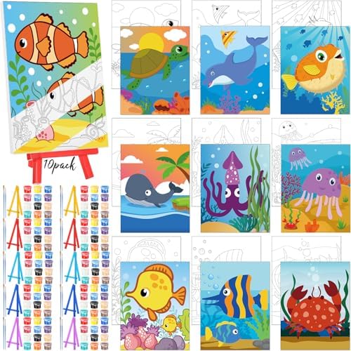 Blosssound 10 Set Pre Printed Canvas Pre Drawn Canvas Painting with Easel Kits 5" x 7" Outline Painting Panels for Beginners, DIY Craft Project, Home Decors(Ocean)