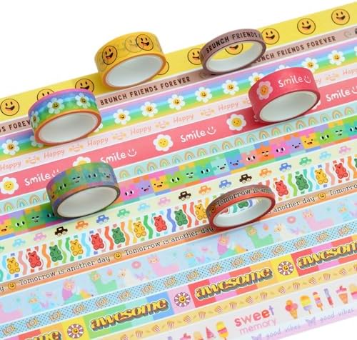 Cute Cartoon Washi Tape Set 16 Rolls Bright Colors Kawaii Masking Graphic Decorative Tapes for Arts, DIY Crafts, Journals, Planners, Scrapbook, Wrapping
