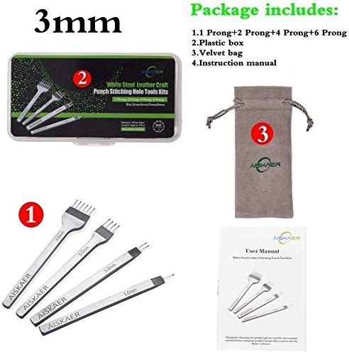 Aiskaer Leather Stitching Punch Set, Diamond Chisel Tools, 3mm White Steel 1/2/4/6 Prong for Leather Craft DIY