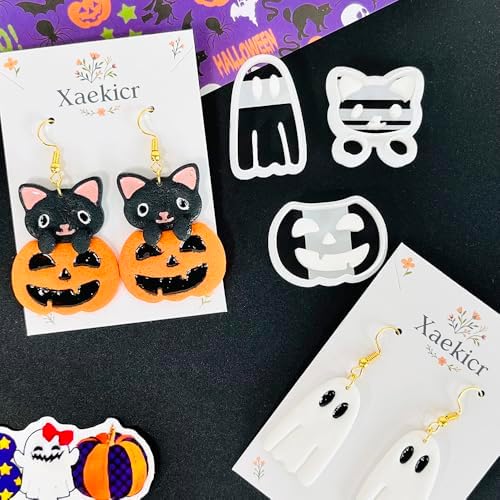 Xaekicr 3Pcs Halloween Polymer Clay Cutters Set – Ghost, Pumpkin, Cat | Clay Earring Cutters for Halloween Jewelry DIY | Polymer Clay Molds & Tools for Earrings Making