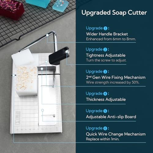 KITCHENDAO Replaceable Wire Soap Cutter,Stainless Steel Tightness Adjustable Soap Slicer with Thickness Guide, Non-Slip Base, with 2 Extra Wires and 1 Screwdriver