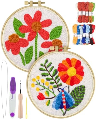 ERKOON Punch Needle Kit Adults Beginners, 2 Pcs DIY Easy Flower Embroidery Set for Starter Art Craft, Needling Punching Project with Patterns, Tools, Yarns, Hoop, Instruction (Safflower)