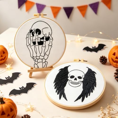 Skull Halloween Embroidery Kits for Beginners Adults, Gothic Embroidery Sets Needlepoint Kits, Halloween Stamped Cross Stitch Kits for Beginners Adults, 2 Embroidery Hoops (Attached Video Tutorial)