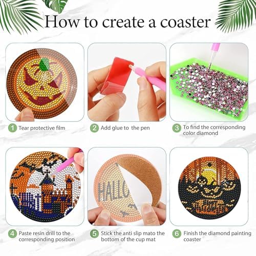 DOTSOPS 6 Pcs Halloween Diamond Art Kits for Adults Diamond Art Coasters
