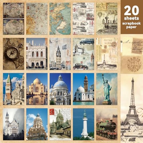 52 Sheets World Travel Stickers & Scrapbook Paper Set - Vintage Travel Themed for Scrapbooking Journaling Junk Journal Planner - Retro Adventure Stickers for DIY Crafts