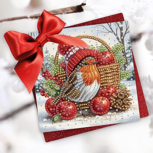 6Pcs Christmas Greeting Card DIY Diamond Art Painting Greeting Cards Blessing Folding Card Kit with White Envelopes Diamond Arts Crafts for Birthday Festival Gift-Bird02