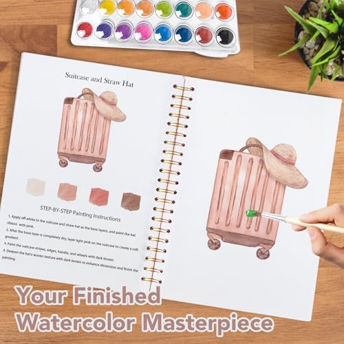 Easy Watercolor Workbook for Beginners - 12 Beautiful Step-by-Step Paintings Water Coloring Book, Includes 16 Colors Paints, Relaxing Art Projects and Creative Gift for Adults & Teen (Travel)