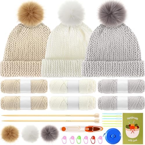 Syhood Hat Knit Set with Yarn Bamboo Needle Pom,White, Khaki White, Khaki