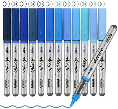 Blue Acrylic Paint Pens,12 Color Paint Pen Markers,Brush Tip Paint Pens for Rock Painting Wood Glass Ceramic Canvas Stone DIY Crafts Making Art Supplies
