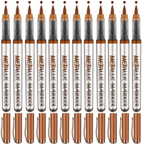 Metallic Acrylic Paint Markers, 12 Pcs Soft Brush Tip Marker Pens for Stone,Paper,Wood,Glass,Fabric Paint,DIY Crafts (12, Brown)