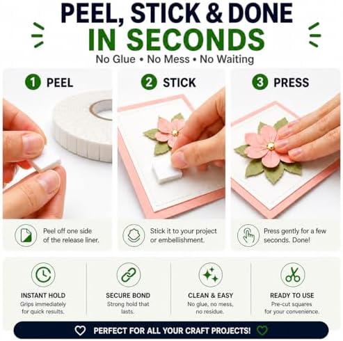 2 Rolls Pre-Cut Double Sided Foam Tape, 460 Large Craft Pads or Card Making