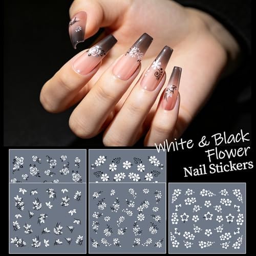 Teenitor 50 Sheets Nail Stickers for Nail Art, Colorful Flower Nail Art Stickers for Kids, 3D Self Adhesive Black & White Flower Fingernail Stickers for Women Girl, Daisy Nail Decals for Spring Summer
