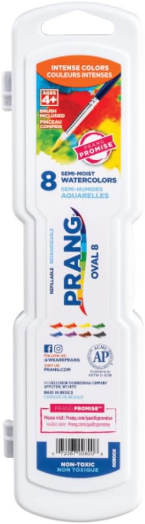 Prang Semi-Moist Watercolors 8-Color Oval Pan Set, Class Pack of 36 | Refillable, Wax-Free Pigments, Mixing Tray in Lid, Size 6 Paintbrush Included