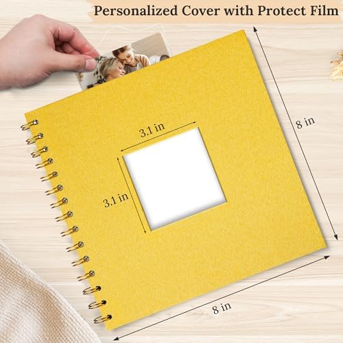 8"x8" Scrapbook Photo Album Linen Cover 20 Sheets 40 Pages White Paper | Yellow Hardcover Kraft White Pages Memory Book, for Travel Wedding Guest Book Christmas Baby Shower Fits 4x6 & Instant Photos