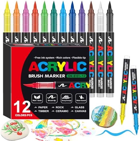 12 Colors Soft Brush Tip Acrylic Markers Set, Paint Pens for Rock, Wood, Fabric, Canvas, Glass, DIY Crafts, Waterproof Paint Markers, Vibrant Acrylic Pens for Artists and Art Projects