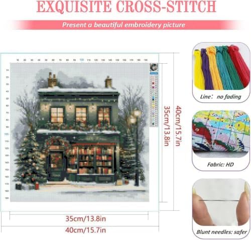 KYOQFVN Christmas House Cross Stitch Kit, 11CT Pre-Printed Stamped Cross Stitch Kits for Beginners, Easy Needlepoint Embroidery Counted Crosstitch Art Craft for Wall Decoration 14x14inch