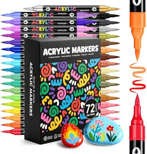 WINSONS 72 Colors Acrylic Paint Marker, Dual Tip and Dual Colors Acrylic Paint Pens for Stone, Wood, Canvas, Ceramic, Metal, Glass, Rock Painting, DIY Crafs Art Supplies (72 Colors)