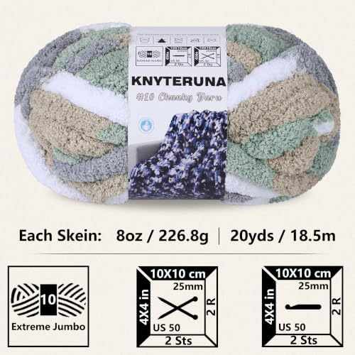 Chunky Yarn for Hand Knitting, #10 Chunky Blanket Chenille Yarn, Bulky Thick Jumbo Yarn, Super Chunky Knit Yarn for Crocheting, 8 Skein (8oz,20yds Each Skein), Tie Dye Cream&Sage&Grey&Khaki