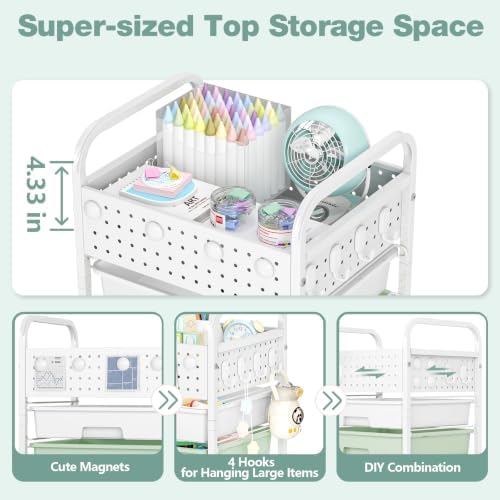 4 Drawer Rolling Storage Cart with Pegboard Top and Hooks, Gradient Green