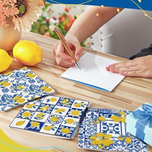Saillong 12 Pack Lemon Diamond Painting Greeting Cards Kits Summer Capri Italy Lemon Diamond Art Cards with Envelopes Blue Yellow 5D Rhinestones Painting Making Kit for Adult DIY Craft Summer Gifts