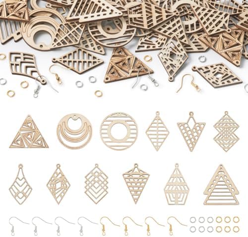 Elecrelive 48Pcs Wooden Earring Charms Round Triangle Rhombus Charms