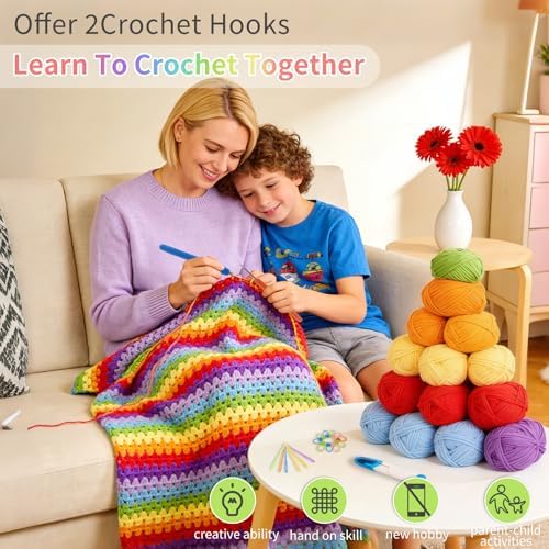 HUYEIOBGD Crochet Blanket Kit for Beginners – Easy Crochet Starter Kit for Adults & Kids, Colorful Rainbow Stripe Yarn, Complete Crochet Supplies with Step-by-Step Video Instructions