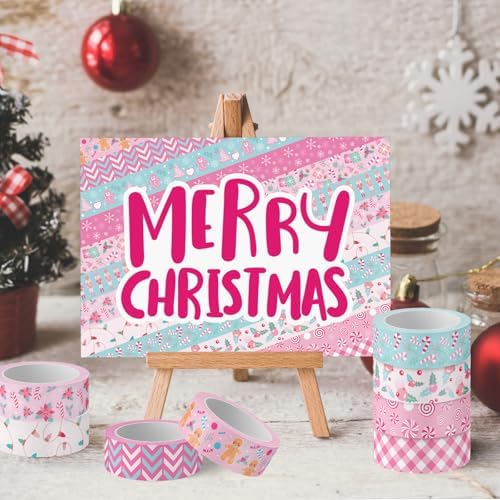 Whaline 12 Rolls Christmas Washi Tape Masking Tape Set Pink Candy Cane Gingerbread Man Decorative Wrapping Paper Tapes for Xmas Scrapbook Journal DIY Art Crafts