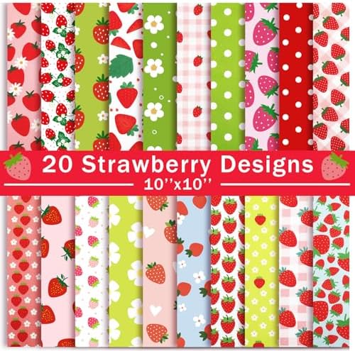 HunnmingRe 20 Pcs 10''x10'' Summer Strawberries Quilting Fabric Squares