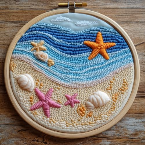 Punch Needle Kits for Beginners Beach and Starfish Sea Shells 20x20cm-3