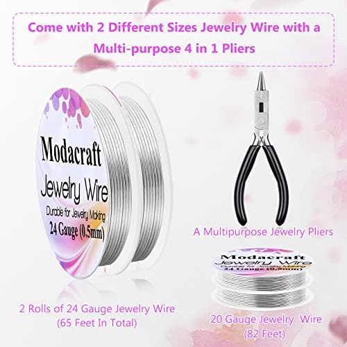 3Rolls 20/24 Gauge Silver Wire with 4 in 1 Jewelry Pliers, Modacraft Tarnish Resistant 20 Gauge Craft Wire 24 Gauge Jewelry Wire for Jewelry Making Supplies and Craft