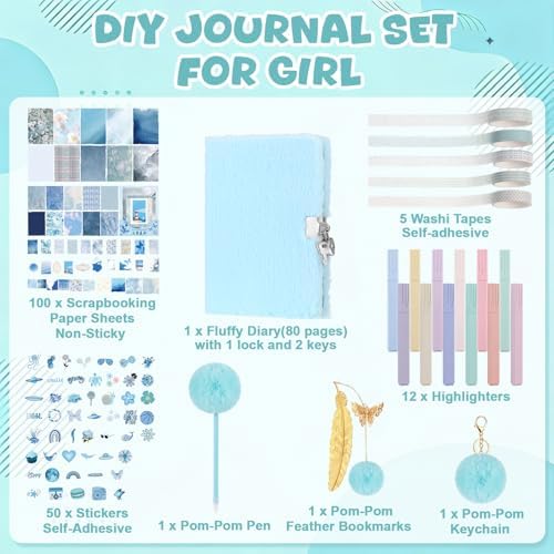 Janlaugh DIY Journal Diary with Lock Pack Scrapbook Kit, Blue, Plush | Stationery Diary Supplies, Scrapbook Supplies Art Crafts Kit for Birthday Holidays Ideal Gifts, Feather Bookmark Stickers