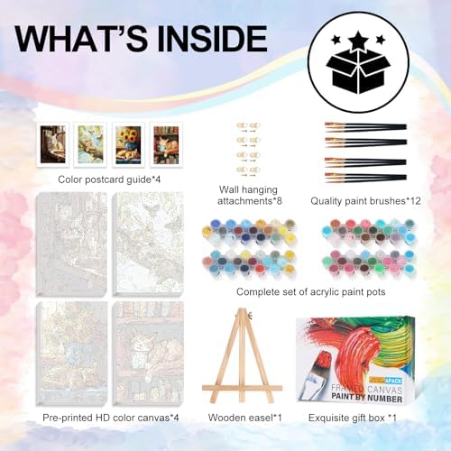 4 Pcs Framed Paint by Numbers Kit for Adults Sleeping Cat with Wooden Easel | With Frame Canvas, Cat DIY Acrylic Painting, For Adults Beginner, Stress Relief Craft Kits, Home Wall Decor Gift, 8x12 IN