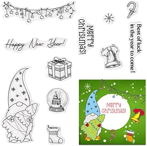 Hying Merry Christmas Trees Gnomes Clear Stamps for Card Making, Xmas Jingle Bell Transparent Rubber Stamps Christmas Socking Snowflake Stamp Seal for Crafting DIY Scrapbooking Photo Album Decorations