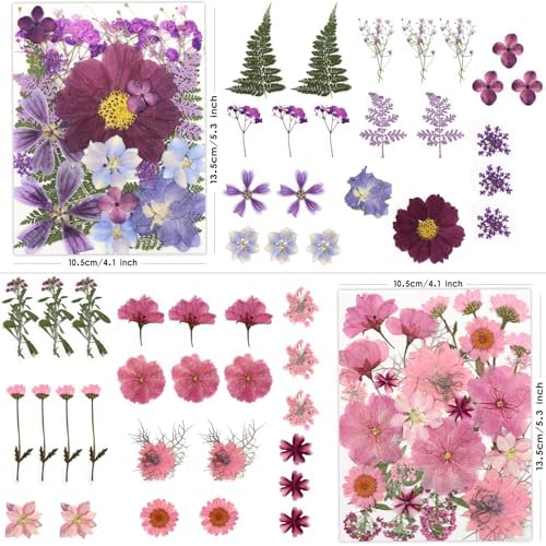 LUXEEASE 100P Pink Purple Blue Dried Pressed Flowers | Soft romantic shades, mixed petal shapes, for resin jewelry scrapbook card candle frame decor, tweezers included