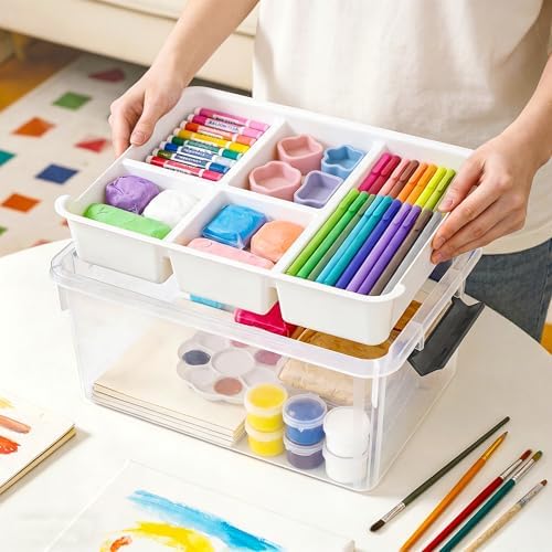 17 Qt Craft Organizers and Storage with Removable Tray and Divider, Clear Craft Storage Box, Stackable Art Supply Organizer for Painting, Coloring Book & Playdoh Storage, 2 Packs