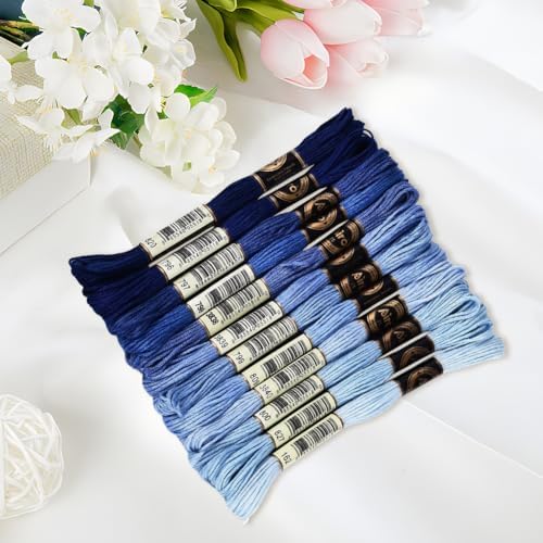 105 Yards 12 Skeins Gradient 6 Strands Marine Blue Cross Stitch Thread Polyester Variegated Embroidery Floss Friendship Bracelet String Assorted Bulk for Hand Sewing Making Knitting Supply