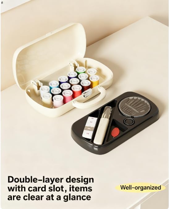 Reflygen Portable Sewing Tool Kit,Multi-Colored Thread Spools,DIY Sewing Accessories,Travel Repair Kit(Cream White)