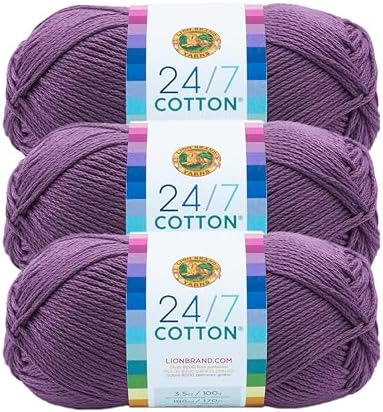 Lion Brand Yarn, 24/7 Cotton Mercerized Lightweight Yarn for Knitting, Crochet, and Crafts, Purple, 3 Pack, 185 Yards of Natural Fiber for Breathable Tops, Durable Bags, and Easy-Care Dish Cloths