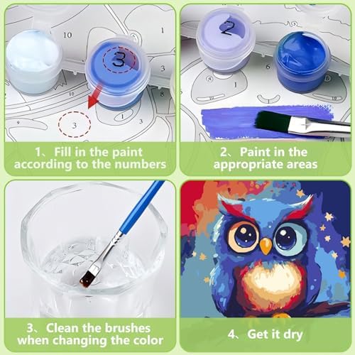 Reivworl Owl Paint by Numbers Kit for Kids with Frame 8×8 inch