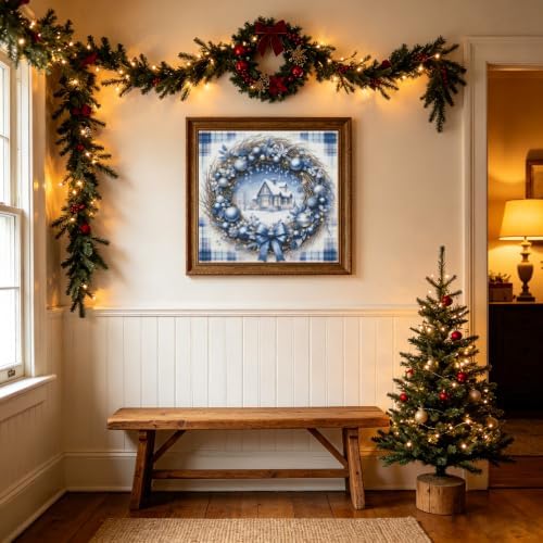 KYOQFVN Winter Stamping Cross Stitch Kit, 11 CT Christmas House Cross Stitch Kits for Adults, Full Line DIY Stitching Kit for Home Decor Cross Stitch Patterns 14x14 inches