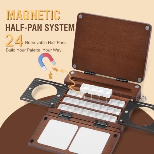 24-Grid Empty Travel Watercolor Palette Box, Fuumuui All-in-One Walnut Wood Palette Tray Kit, Mini Portable Sketchbox for Plein Air Painting with Three Ends Travel Brush and Watercolor Cup