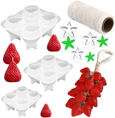 3D Strawberry Grapes Soap Mold, 3 Pcs Strawberry Silicone Scented Candle Soap Mold with 3Pcs Leaf Mold 200Ft White Cotton Rope for Soap Candle Making Gift