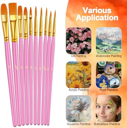 Paint Brushes Set, 24 Pack 240 Pcs Round-Pointed Tip Paintbrushes Nylon Hair Artist Acrylic Paint Brushes for Acrylic Oil Watercolor, Face Nail Art, Miniature Detailing & Rock Painting, Pink