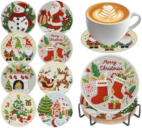 Christmas Cow Diamond Art Coasters Kit, 8 Pieces Diamond Painting Coasters