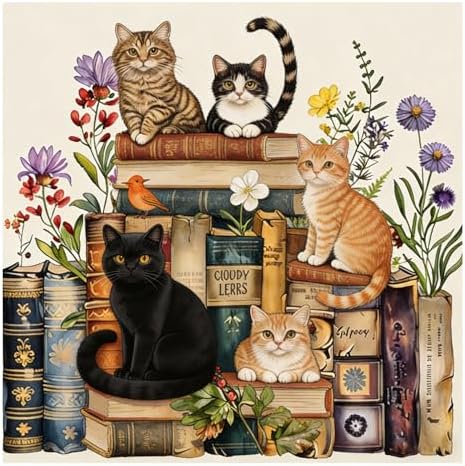 xcemhil Flower Cat Paint by Numbers Kit for Adults Beginner, Book Cat Acrylic Paint by Number Kits Suitable for Home Wall Art Decor Gifts 16x16 Inch