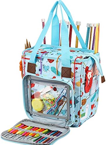 Yarn Knitting Storage Tote-Large Capacity Crochet Organizer Portable Travel Bag with Shoulder Strap Crochet Hooks Case for Unfinished Bulk Project