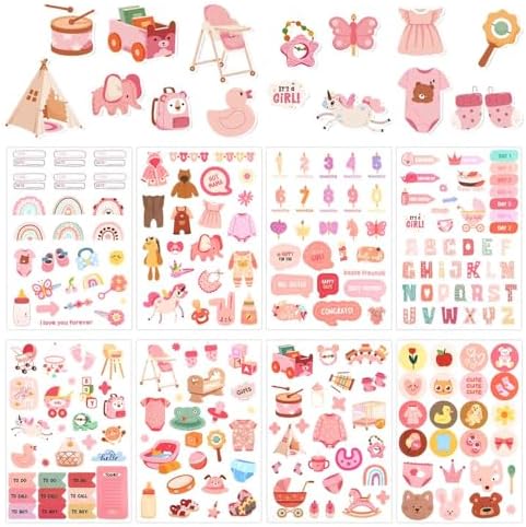 8 Sheets Baby Girl Scrapbook Stickers, Various Patterns