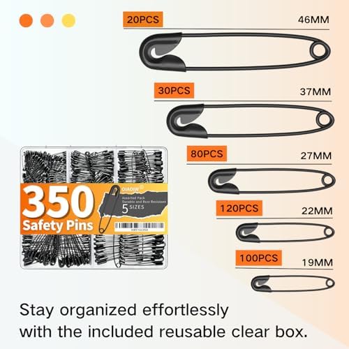 350Pack Black Safety Pins for Clothes 5 Assorted Sizes Strong Heavy Duty