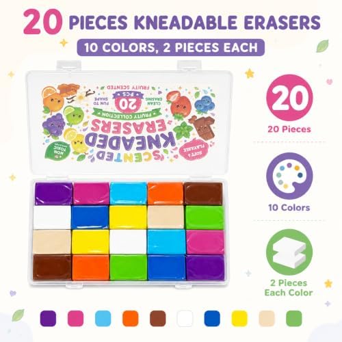 Scented Kneaded Erasers, 10 Colors & 10 Scents, Soft Kneadable Erasers for Drawing, Sketching, Graphite & Charcoal, Putty Eraser with Individual Storage Cases (20, 10 Colors)